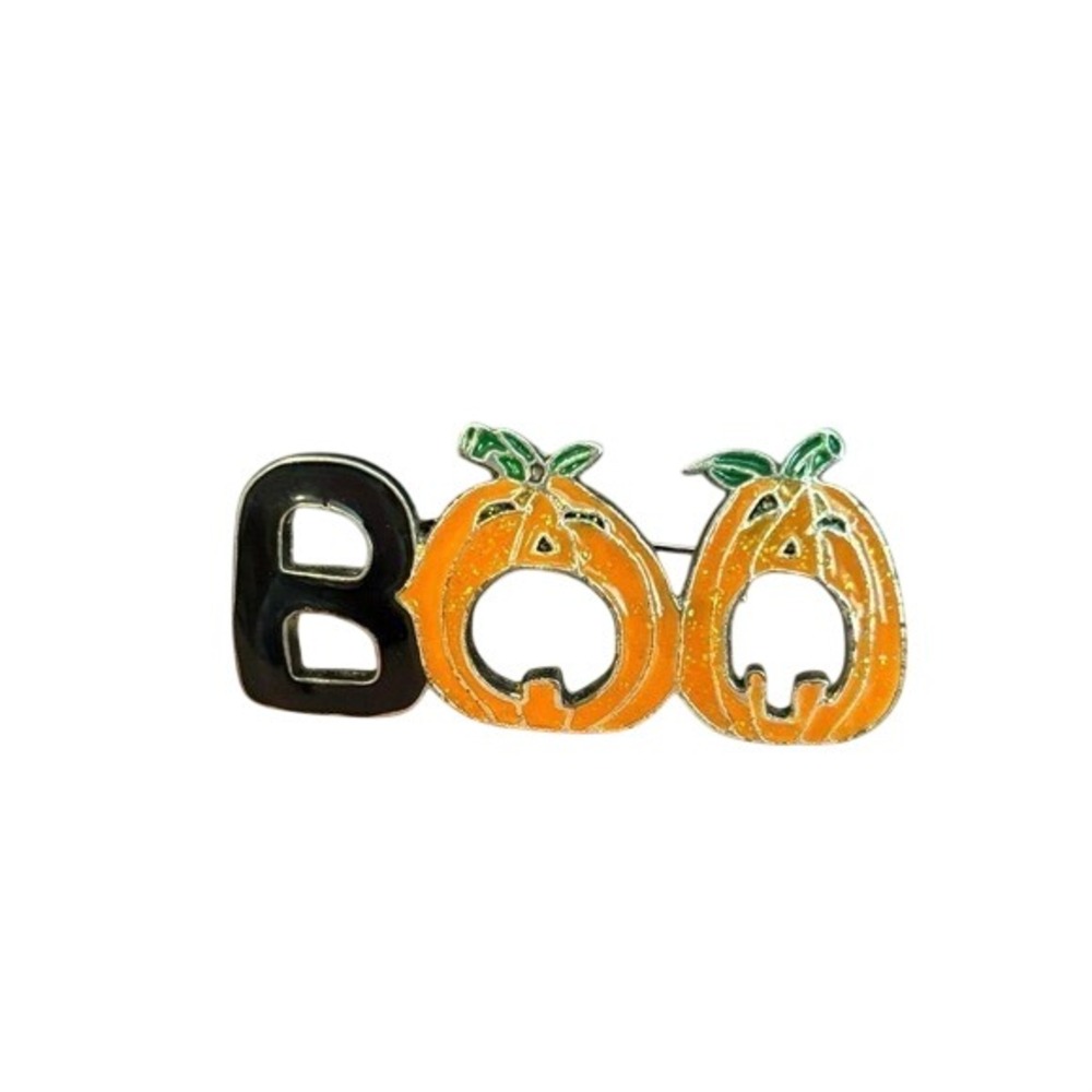 Halloween Boo Pumpkin Jack O Lantern Enamel Brooch Pin Silver Tone Vintage